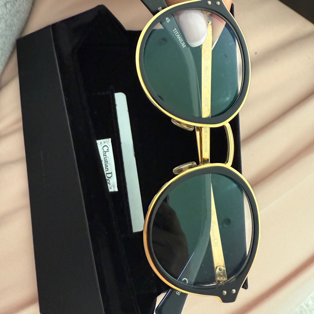 Christian Dior Round Gold & Black Sunglasses with Green Lenses